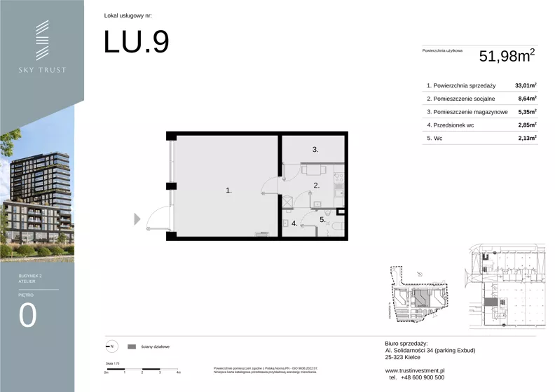 Lokal użytkowy 51,98 m², oferta nr LU9, Sky Trust etap II lokale użytkowe, Kielce, Bocianek, al. Solidarności / ul. Świętokrzyska