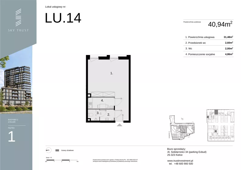 Lokal użytkowy 40,94 m², oferta nr LU14, Sky Trust etap II lokale użytkowe, Kielce, Bocianek, al. Solidarności / ul. Świętokrzyska