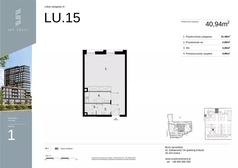 Lokal użytkowy 40,94 m², oferta nr LU15, Sky Trust etap II lokale użytkowe, Kielce, Bocianek, al. Solidarności / ul. Świętokrzyska