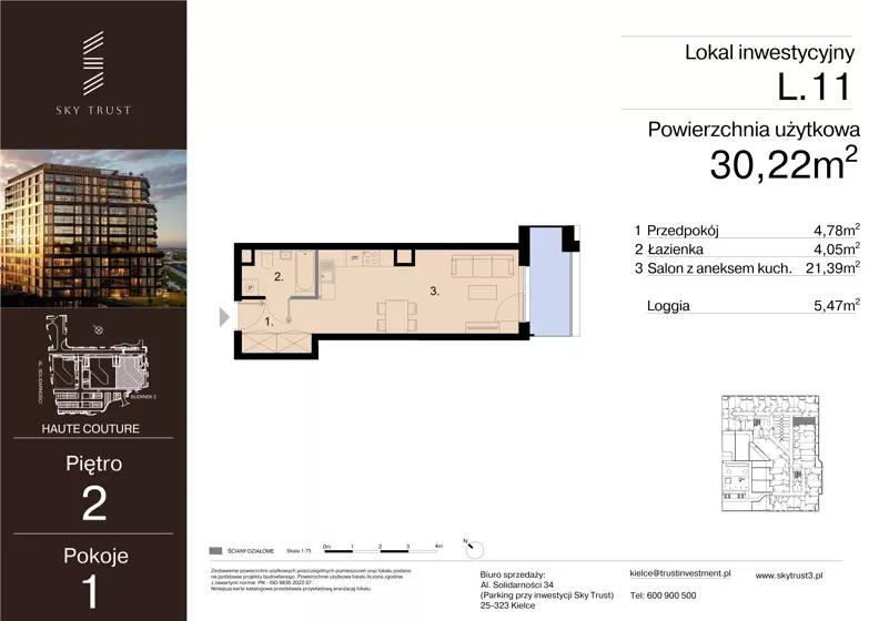 1 pokój, lokal inwestycyjny 30,22 m², piętro 2, oferta nr L.11, Sky Trust III - lokale inwestycyjne, Kielce, Bocianek, al. Solidarności 32 B