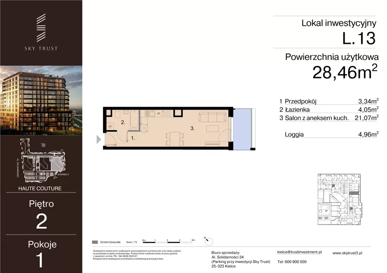 1 pokój, lokal inwestycyjny 28,46 m², piętro 2, oferta nr L.13, Sky Trust III - lokale inwestycyjne, Kielce, Bocianek, al. Solidarności 32 B