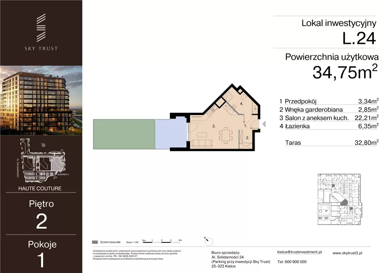 1 pokój, lokal inwestycyjny 34,75 m², piętro 2, oferta nr L.24, Sky Trust III - lokale inwestycyjne, Kielce, Bocianek, al. Solidarności 32 B