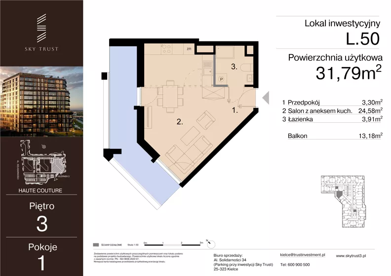 1 pokój, lokal inwestycyjny 31,79 m², piętro 3, oferta nr L.50, Sky Trust III - lokale inwestycyjne, Kielce, Bocianek, al. Solidarności 32 B