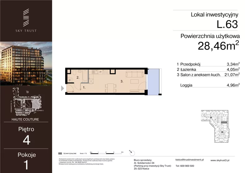 1 pokój, lokal inwestycyjny 28,46 m², piętro 4, oferta nr L.63, Sky Trust III - lokale inwestycyjne, Kielce, Bocianek, al. Solidarności 32 B