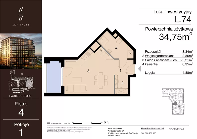 1 pokój, lokal inwestycyjny 34,75 m², piętro 4, oferta nr L.74, Sky Trust III - lokale inwestycyjne, Kielce, Bocianek, al. Solidarności 32 B