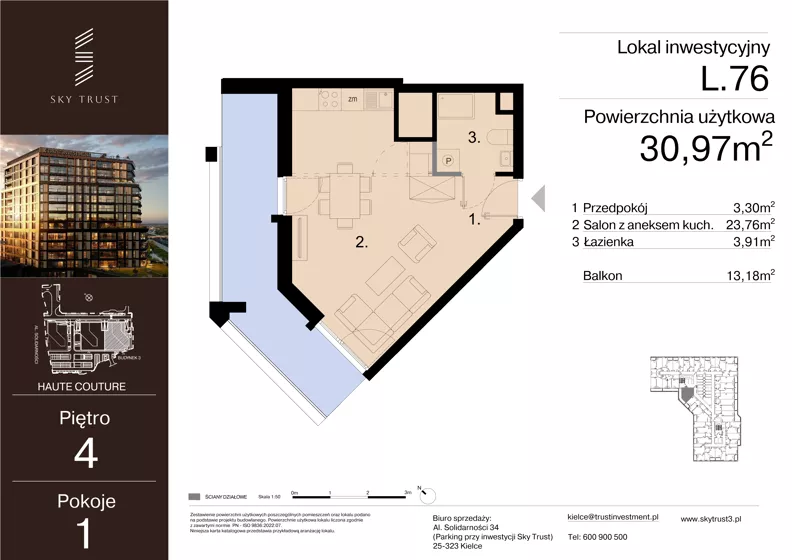 1 pokój, lokal inwestycyjny 30,97 m², piętro 4, oferta nr L.76, Sky Trust III - lokale inwestycyjne, Kielce, Bocianek, al. Solidarności 32 B