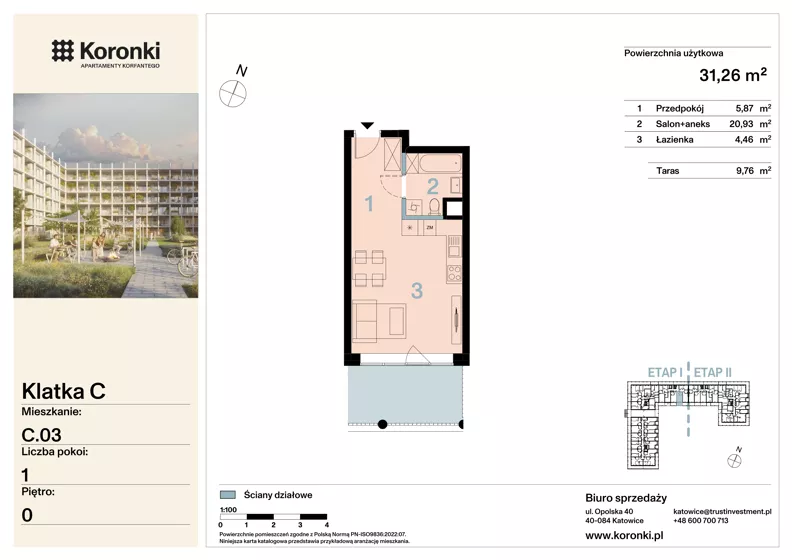 1 pokój, mieszkanie 31,26 m², parter, oferta nr C.03, Koronki Apartamenty Korfantego, Katowice, Wełnowiec-Józefowiec, al. Wojciecha Korfantego 125a