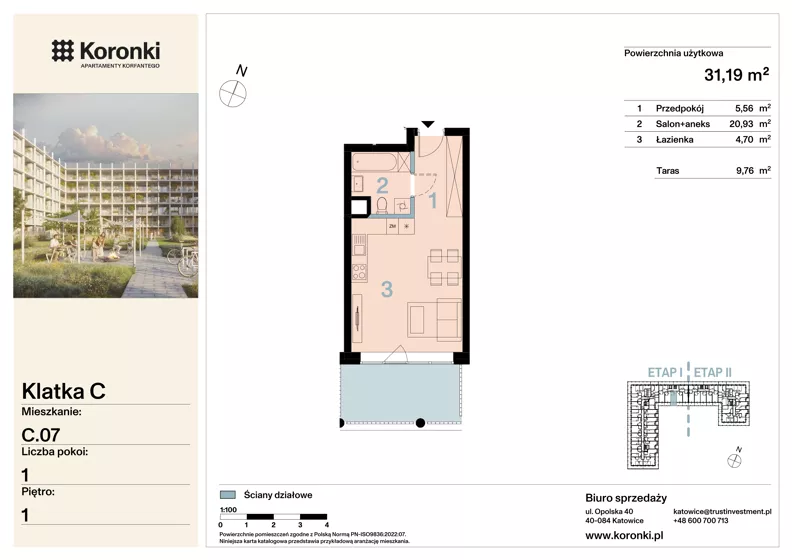 1 pokój, mieszkanie 31,19 m², piętro 1, oferta nr C.07, Koronki Apartamenty Korfantego, Katowice, Wełnowiec-Józefowiec, al. Wojciecha Korfantego 125a