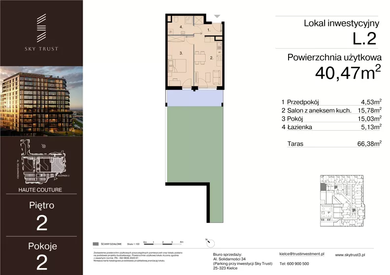 2 pokoje, lokal inwestycyjny 40,47 m², piętro 2, oferta nr L.2, Sky Trust III - lokale inwestycyjne, Kielce, Bocianek, al. Solidarności 32 B