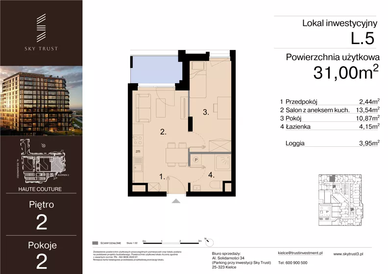 2 pokoje, lokal inwestycyjny 31,00 m², piętro 2, oferta nr L.5, Sky Trust III - lokale inwestycyjne, Kielce, Bocianek, al. Solidarności 32 B