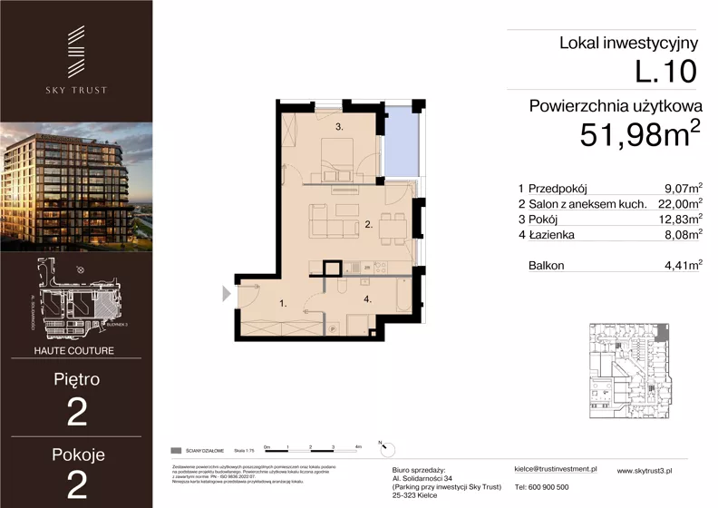 2 pokoje, lokal inwestycyjny 51,98 m², piętro 2, oferta nr L.10, Sky Trust III - lokale inwestycyjne, Kielce, Bocianek, al. Solidarności 32 B