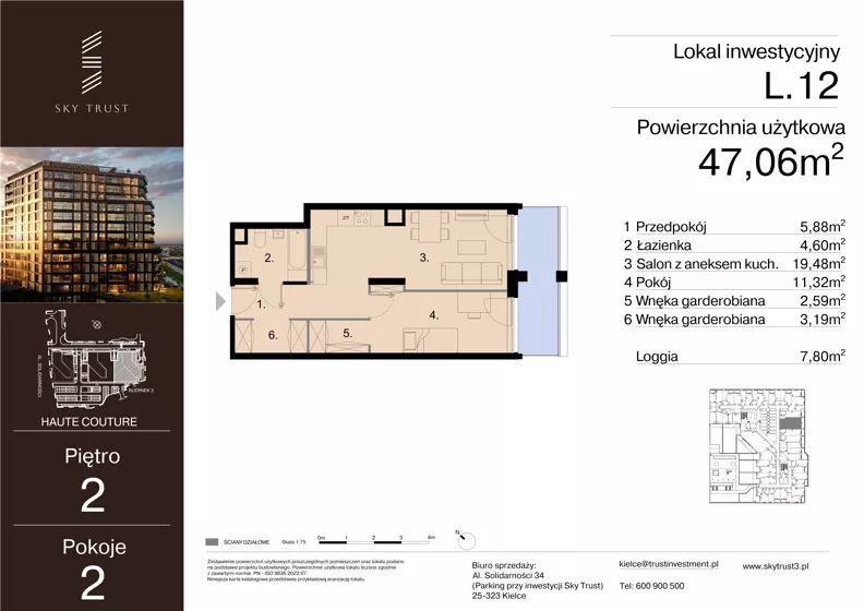 2 pokoje, lokal inwestycyjny 47,06 m², piętro 2, oferta nr L.12, Sky Trust III - lokale inwestycyjne, Kielce, Bocianek, al. Solidarności 32 B