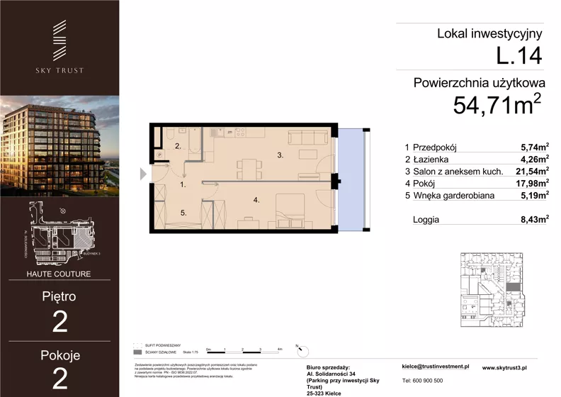2 pokoje, lokal inwestycyjny 54,71 m², piętro 2, oferta nr L.14, Sky Trust III - lokale inwestycyjne, Kielce, Bocianek, al. Solidarności 32 B