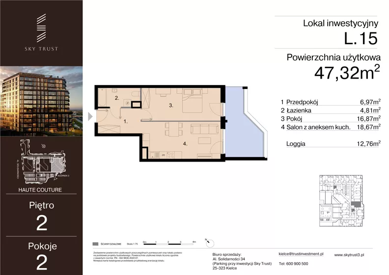2 pokoje, lokal inwestycyjny 47,32 m², piętro 2, oferta nr L.15, Sky Trust III - lokale inwestycyjne, Kielce, Bocianek, al. Solidarności 32 B
