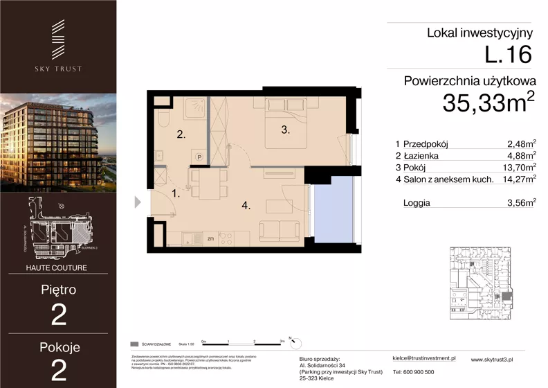 2 pokoje, lokal inwestycyjny 35,33 m², piętro 2, oferta nr L.16, Sky Trust III - lokale inwestycyjne, Kielce, Bocianek, al. Solidarności 32 B