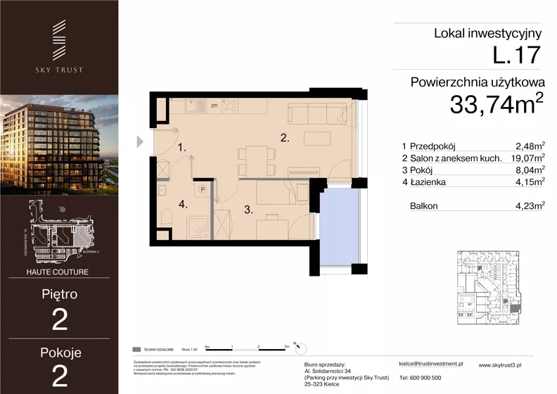 2 pokoje, lokal inwestycyjny 33,74 m², piętro 2, oferta nr L.17, Sky Trust III - lokale inwestycyjne, Kielce, Bocianek, al. Solidarności 32 B