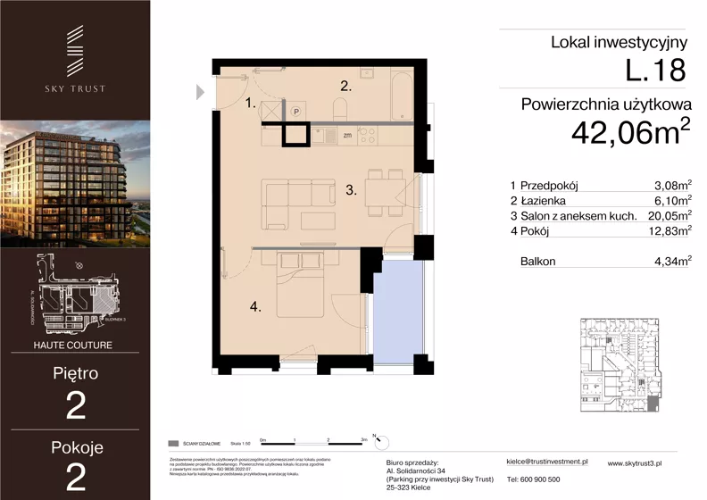 2 pokoje, lokal inwestycyjny 42,06 m², piętro 2, oferta nr L.18, Sky Trust III - lokale inwestycyjne, Kielce, Bocianek, al. Solidarności 32 B