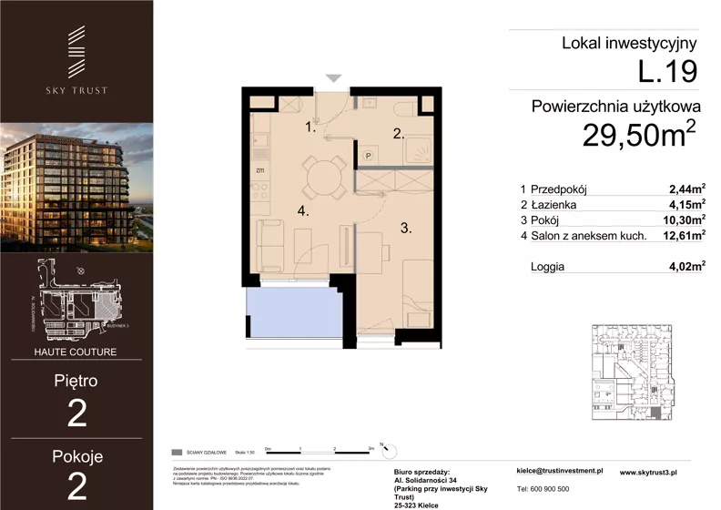 2 pokoje, lokal inwestycyjny 29,50 m², piętro 2, oferta nr L.19, Sky Trust III - lokale inwestycyjne, Kielce, Bocianek, al. Solidarności 32 B