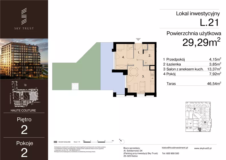 2 pokoje, lokal inwestycyjny 29,29 m², piętro 2, oferta nr L.21, Sky Trust III - lokale inwestycyjne, Kielce, Bocianek, al. Solidarności 32 B