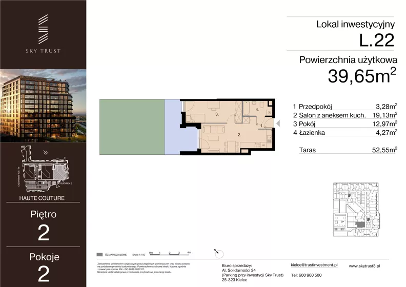 2 pokoje, lokal inwestycyjny 39,65 m², piętro 2, oferta nr L.22, Sky Trust III - lokale inwestycyjne, Kielce, Bocianek, al. Solidarności 32 B