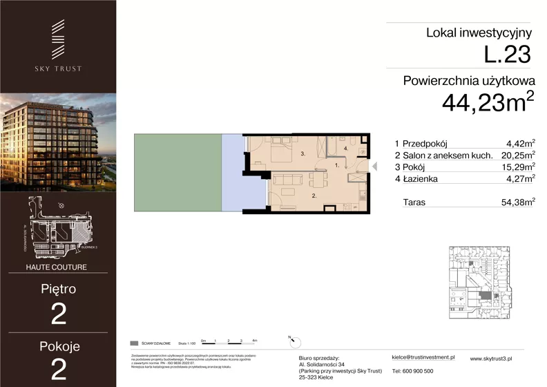 2 pokoje, lokal inwestycyjny 44,23 m², piętro 2, oferta nr L.23, Sky Trust III - lokale inwestycyjne, Kielce, Bocianek, al. Solidarności 32 B