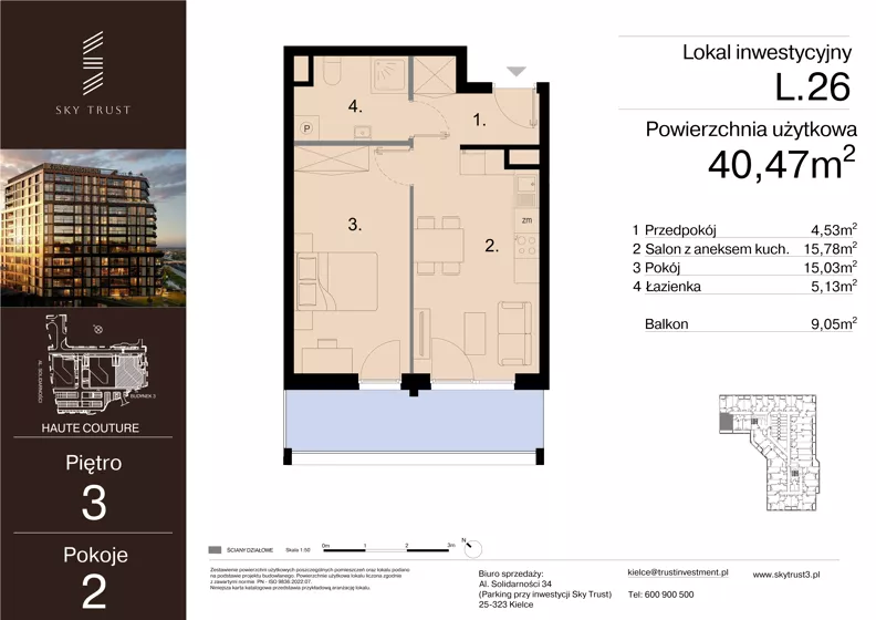 2 pokoje, lokal inwestycyjny 40,47 m², piętro 3, oferta nr L.26, Sky Trust III - lokale inwestycyjne, Kielce, Bocianek, al. Solidarności 32 B