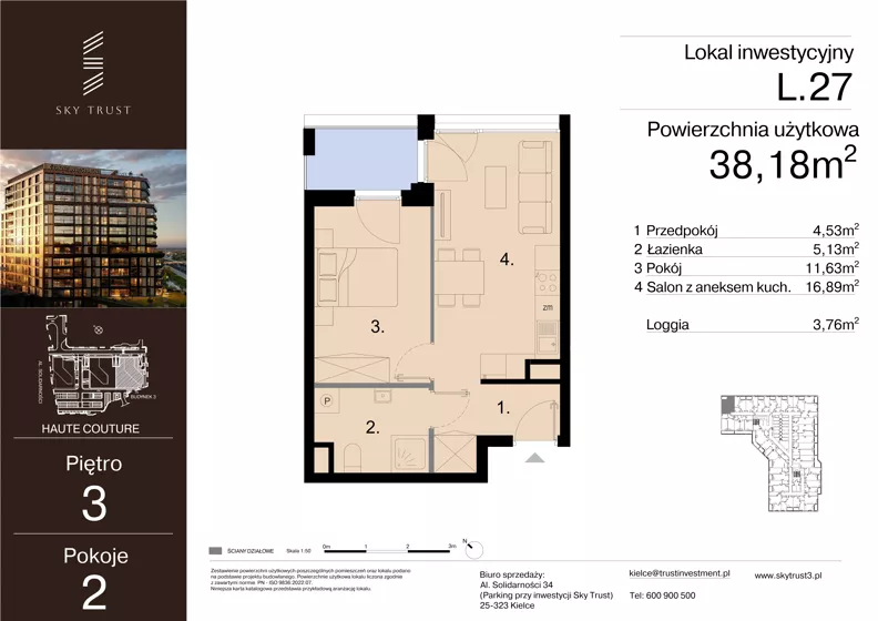 2 pokoje, lokal inwestycyjny 38,18 m², piętro 3, oferta nr L.27, Sky Trust III - lokale inwestycyjne, Kielce, Bocianek, al. Solidarności 32 B