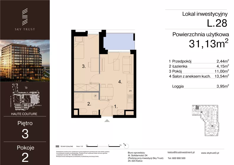 2 pokoje, lokal inwestycyjny 31,13 m², piętro 3, oferta nr L.28, Sky Trust III - lokale inwestycyjne, Kielce, Bocianek, al. Solidarności 32 B