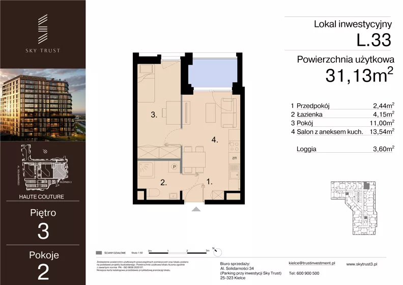 2 pokoje, lokal inwestycyjny 31,13 m², piętro 3, oferta nr L.33, Sky Trust III - lokale inwestycyjne, Kielce, Bocianek, al. Solidarności 32 B