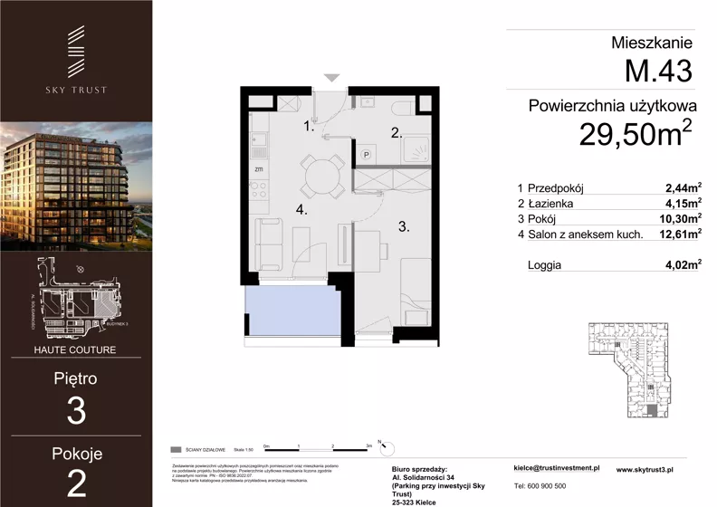 2 pokoje, mieszkanie 29,50 m², piętro 3, oferta nr M.43, Sky Trust III, Kielce, Bocianek, al. Solidarności 32 B
