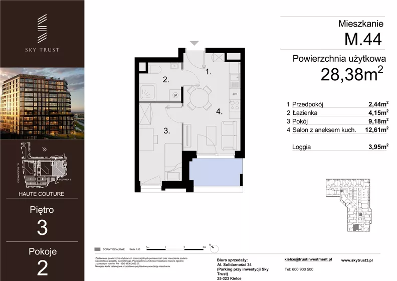 2 pokoje, mieszkanie 28,38 m², piętro 3, oferta nr M.44, Sky Trust III, Kielce, Bocianek, al. Solidarności 32 B