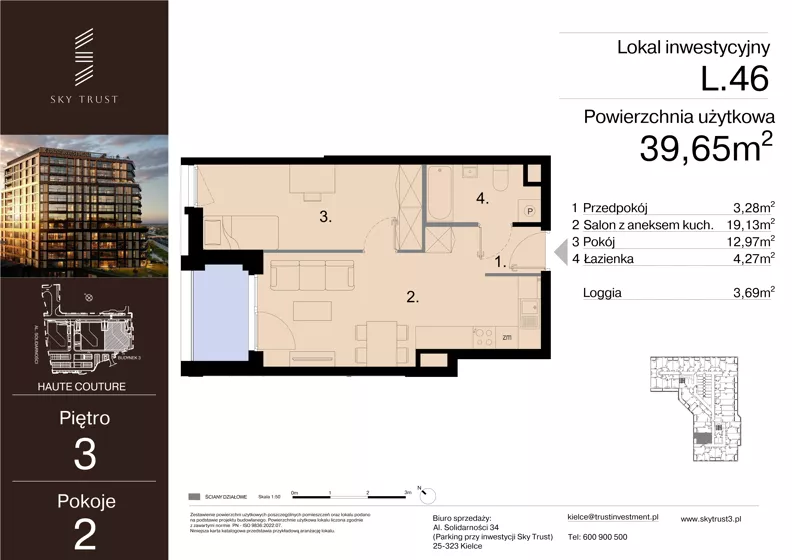 2 pokoje, lokal inwestycyjny 39,65 m², piętro 3, oferta nr L.46, Sky Trust III - lokale inwestycyjne, Kielce, Bocianek, al. Solidarności 32 B