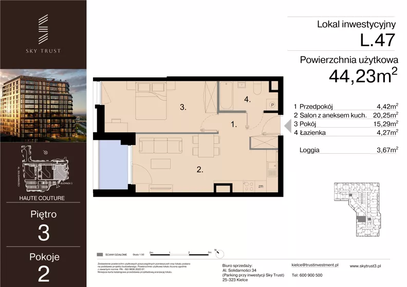 2 pokoje, lokal inwestycyjny 44,23 m², piętro 3, oferta nr L.47, Sky Trust III - lokale inwestycyjne, Kielce, Bocianek, al. Solidarności 32 B