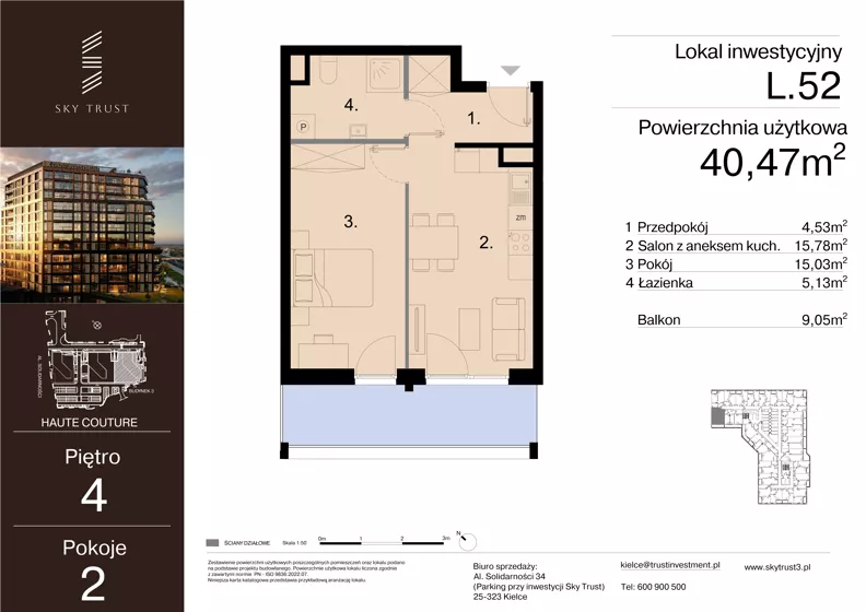2 pokoje, lokal inwestycyjny 40,47 m², piętro 4, oferta nr L.52, Sky Trust III - lokale inwestycyjne, Kielce, Bocianek, al. Solidarności 32 B