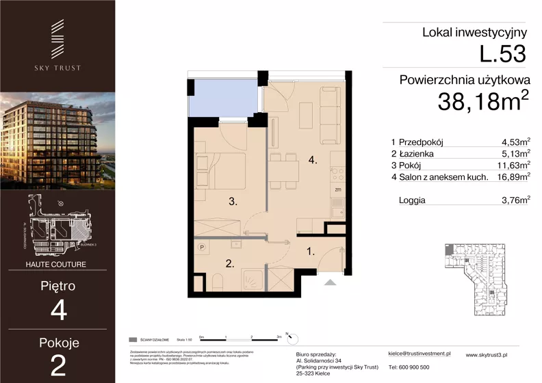2 pokoje, lokal inwestycyjny 38,18 m², piętro 4, oferta nr L.53, Sky Trust III - lokale inwestycyjne, Kielce, Bocianek, al. Solidarności 32 B