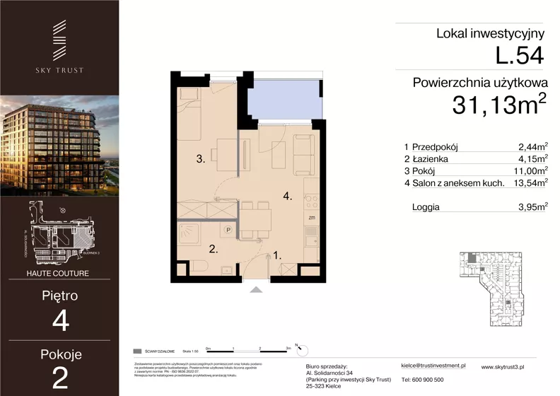 2 pokoje, lokal inwestycyjny 31,13 m², piętro 4, oferta nr L.54, Sky Trust III - lokale inwestycyjne, Kielce, Bocianek, al. Solidarności 32 B