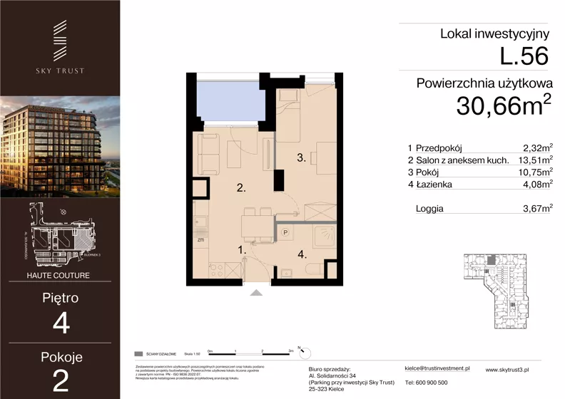 2 pokoje, lokal inwestycyjny 30,66 m², piętro 4, oferta nr L.56, Sky Trust III - lokale inwestycyjne, Kielce, Bocianek, al. Solidarności 32 B