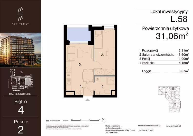 2 pokoje, lokal inwestycyjny 31,06 m², piętro 4, oferta nr L.58, Sky Trust III - lokale inwestycyjne, Kielce, Bocianek, al. Solidarności 32 B
