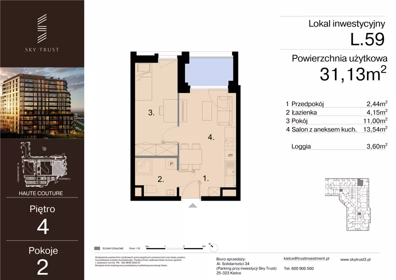 2 pokoje, lokal inwestycyjny 31,13 m², piętro 4, oferta nr L.59, Sky Trust III - lokale inwestycyjne, Kielce, Bocianek, al. Solidarności 32 B