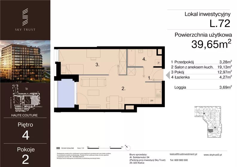 2 pokoje, lokal inwestycyjny 39,65 m², piętro 4, oferta nr L.72, Sky Trust III - lokale inwestycyjne, Kielce, Bocianek, al. Solidarności 32 B