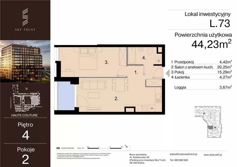 2 pokoje, lokal inwestycyjny 44,23 m², piętro 4, oferta nr L.73, Sky Trust III - lokale inwestycyjne, Kielce, Bocianek, al. Solidarności 32 B