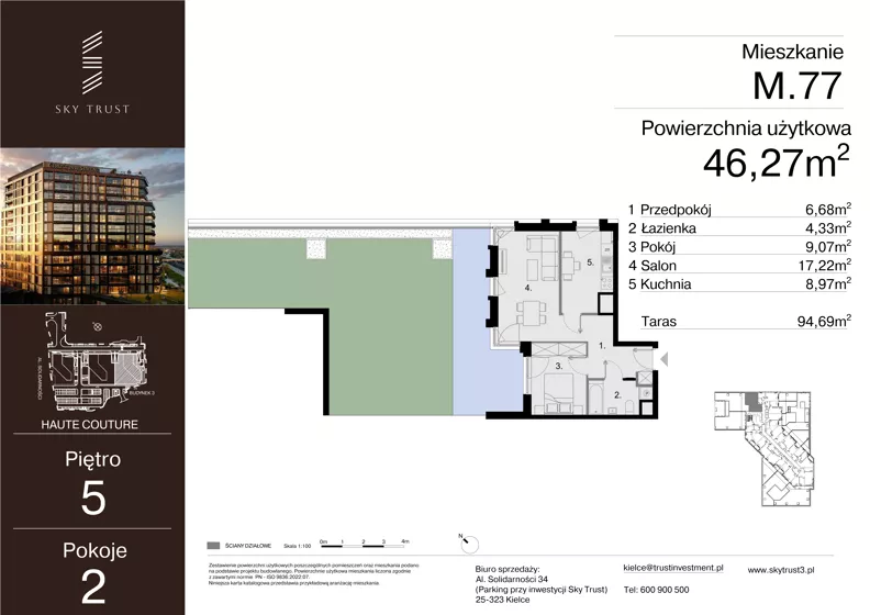 2 pokoje, mieszkanie 46,27 m², piętro 5, oferta nr M.77, Sky Trust III, Kielce, Bocianek, al. Solidarności 32 B