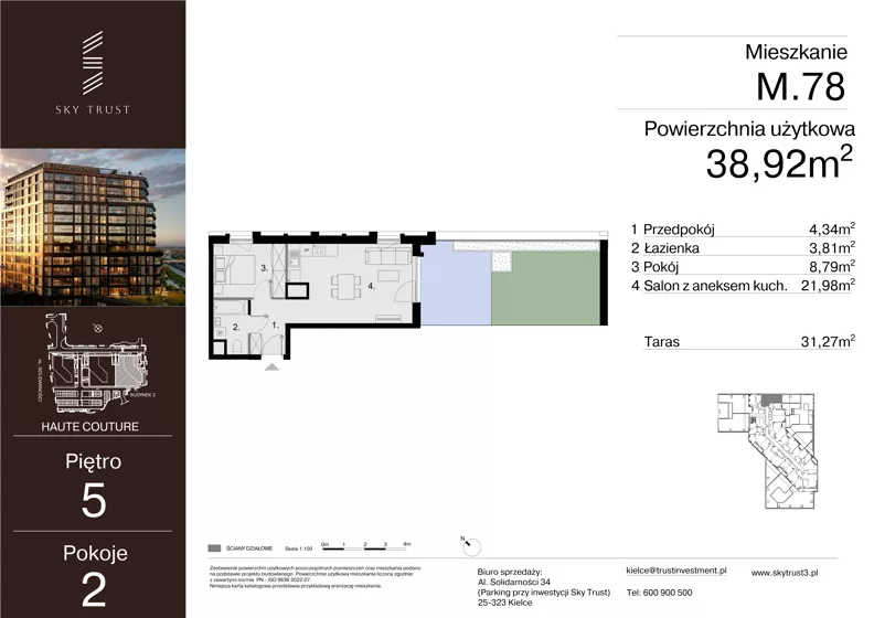 2 pokoje, mieszkanie 38,92 m², piętro 5, oferta nr M.78, Sky Trust III, Kielce, Bocianek, al. Solidarności 32 B