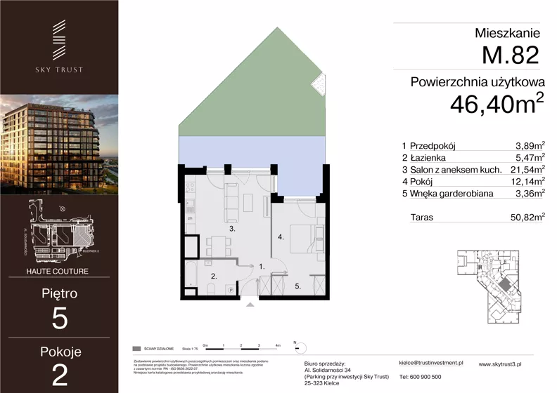 2 pokoje, mieszkanie 46,40 m², piętro 5, oferta nr M.82, Sky Trust III, Kielce, Bocianek, al. Solidarności 32 B