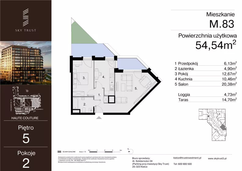 2 pokoje, mieszkanie 54,54 m², piętro 5, oferta nr M.83, Sky Trust III, Kielce, Bocianek, al. Solidarności 32 B