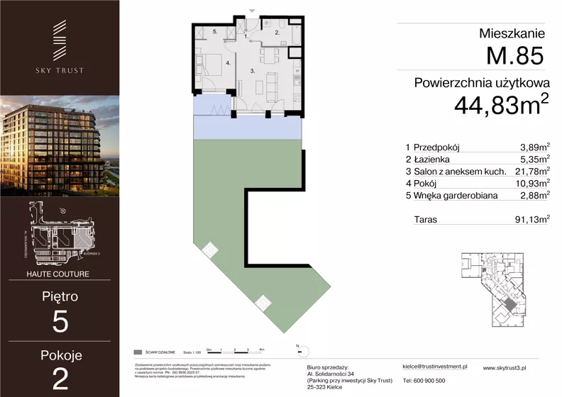 2 pokoje, mieszkanie 44,83 m², piętro 5, oferta nr M.85, Sky Trust III, Kielce, Bocianek, al. Solidarności 32 B
