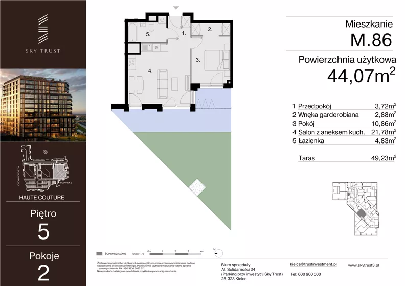 2 pokoje, mieszkanie 44,07 m², piętro 5, oferta nr M.86, Sky Trust III, Kielce, Bocianek, al. Solidarności 32 B