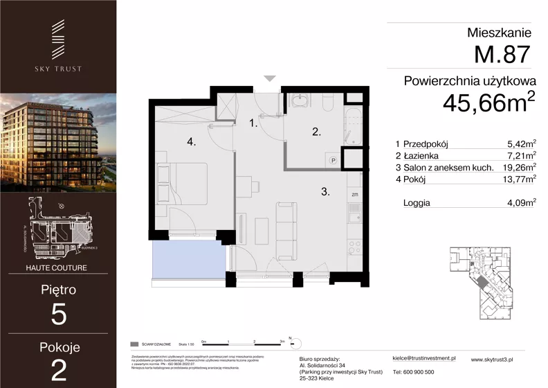 2 pokoje, mieszkanie 45,66 m², piętro 5, oferta nr M.87, Sky Trust III, Kielce, Bocianek, al. Solidarności 32 B