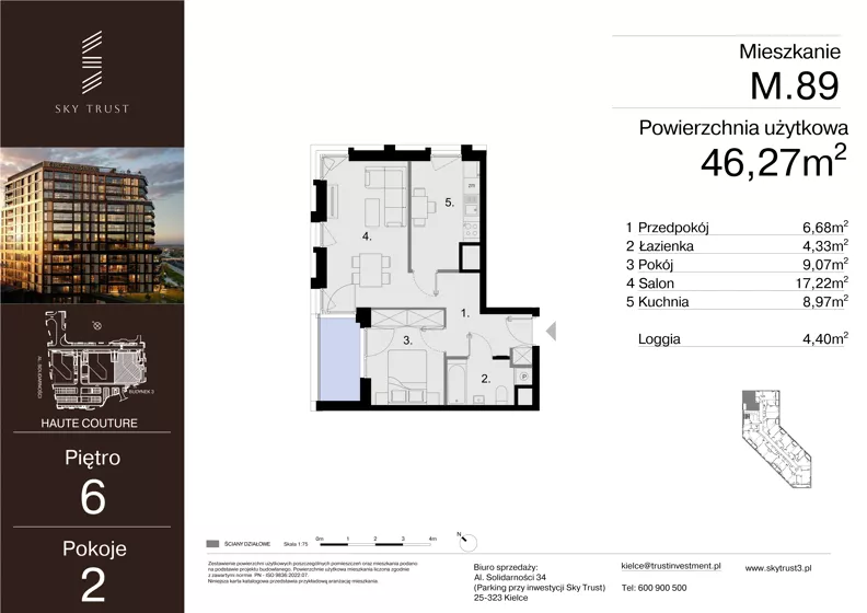 2 pokoje, mieszkanie 46,27 m², piętro 6, oferta nr M.89, Sky Trust III, Kielce, Bocianek, al. Solidarności 32 B