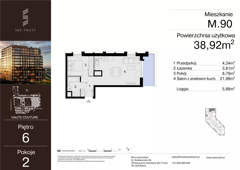 2 pokoje, mieszkanie 38,92 m², piętro 6, oferta nr M.90, Sky Trust III, Kielce, Bocianek, al. Solidarności 32 B